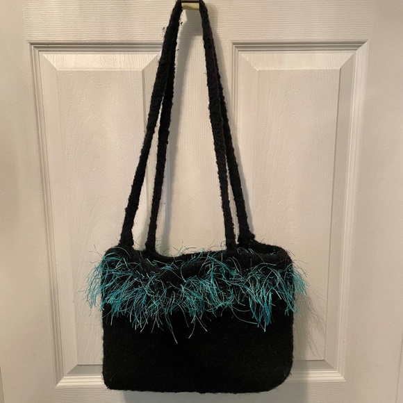 Knitted Wool Purse/Handbag-Black and Teal - Picture 1 of 7